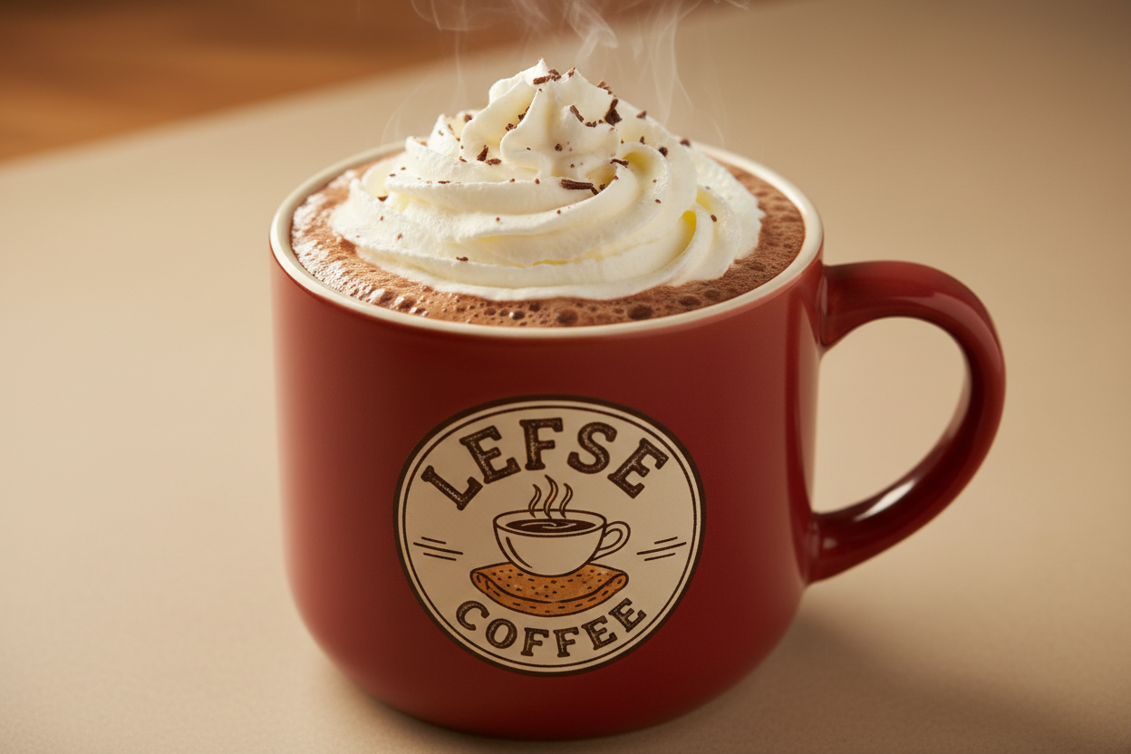 cup of hot chocolate with whipped cream in a Lefse Coffee mug 
